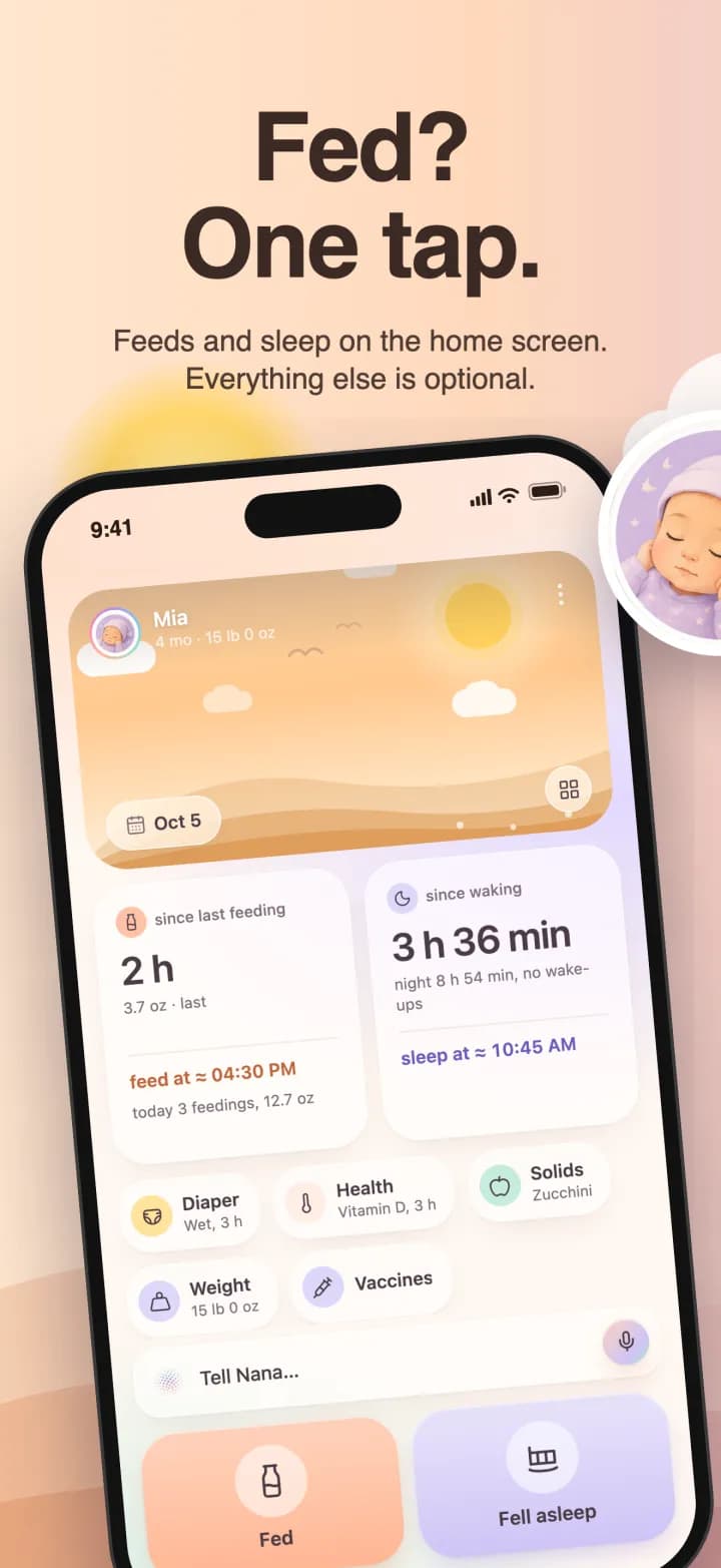 Home screen: feeds and sleep, fed in one tap