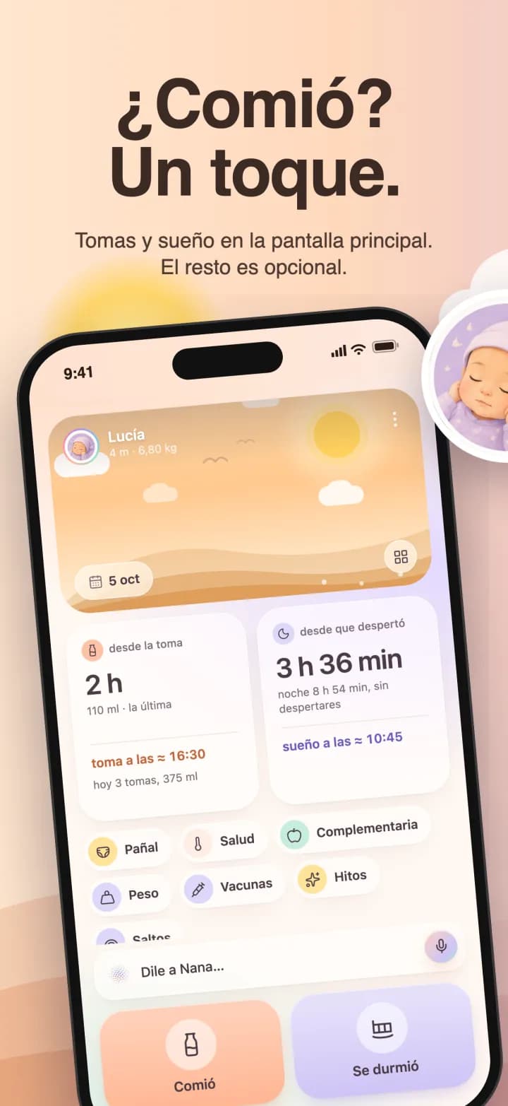 Pantalla principal: tomas y sueño, «ha comido» con un toque