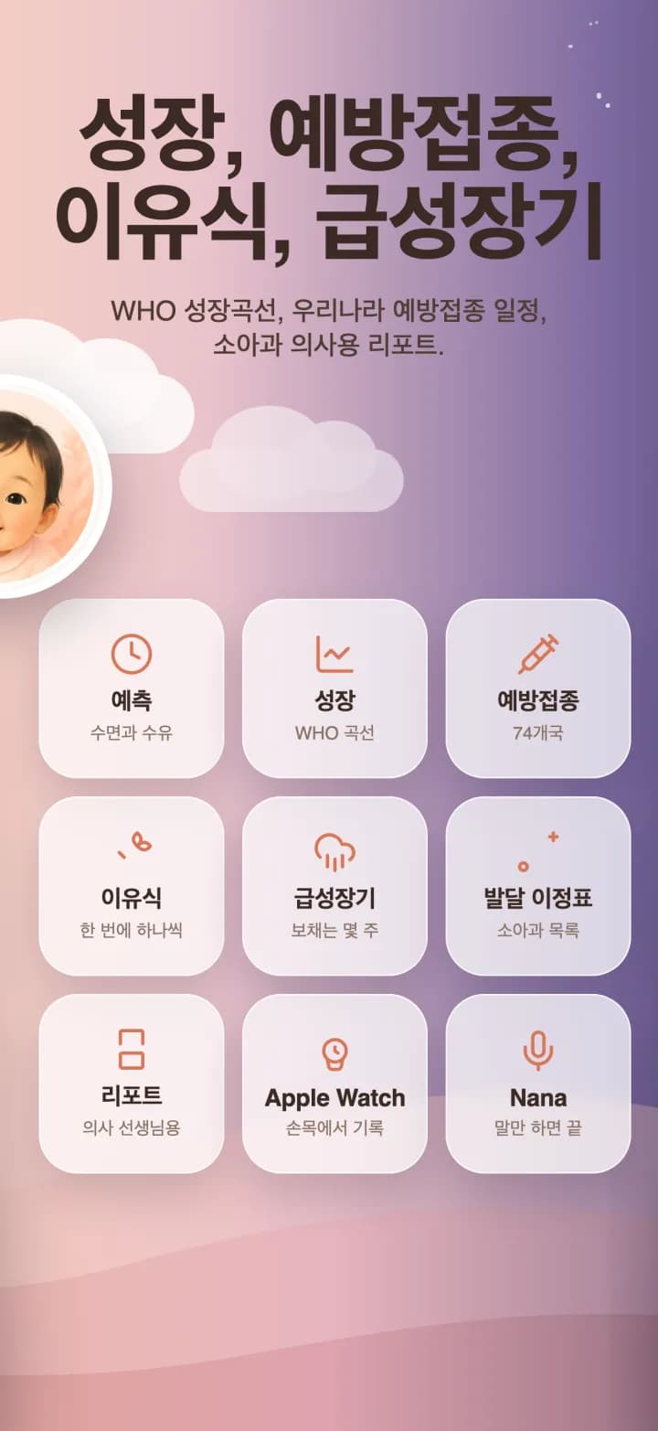 모든 항목: 성장, 예방접종, 이유식, 발달 도약
