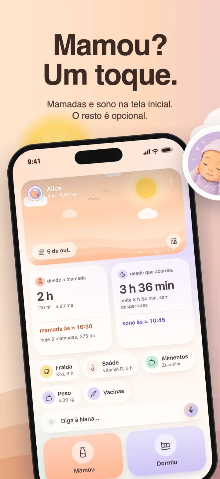 Tela inicial: mamadas e sono, «mamou» com um toque