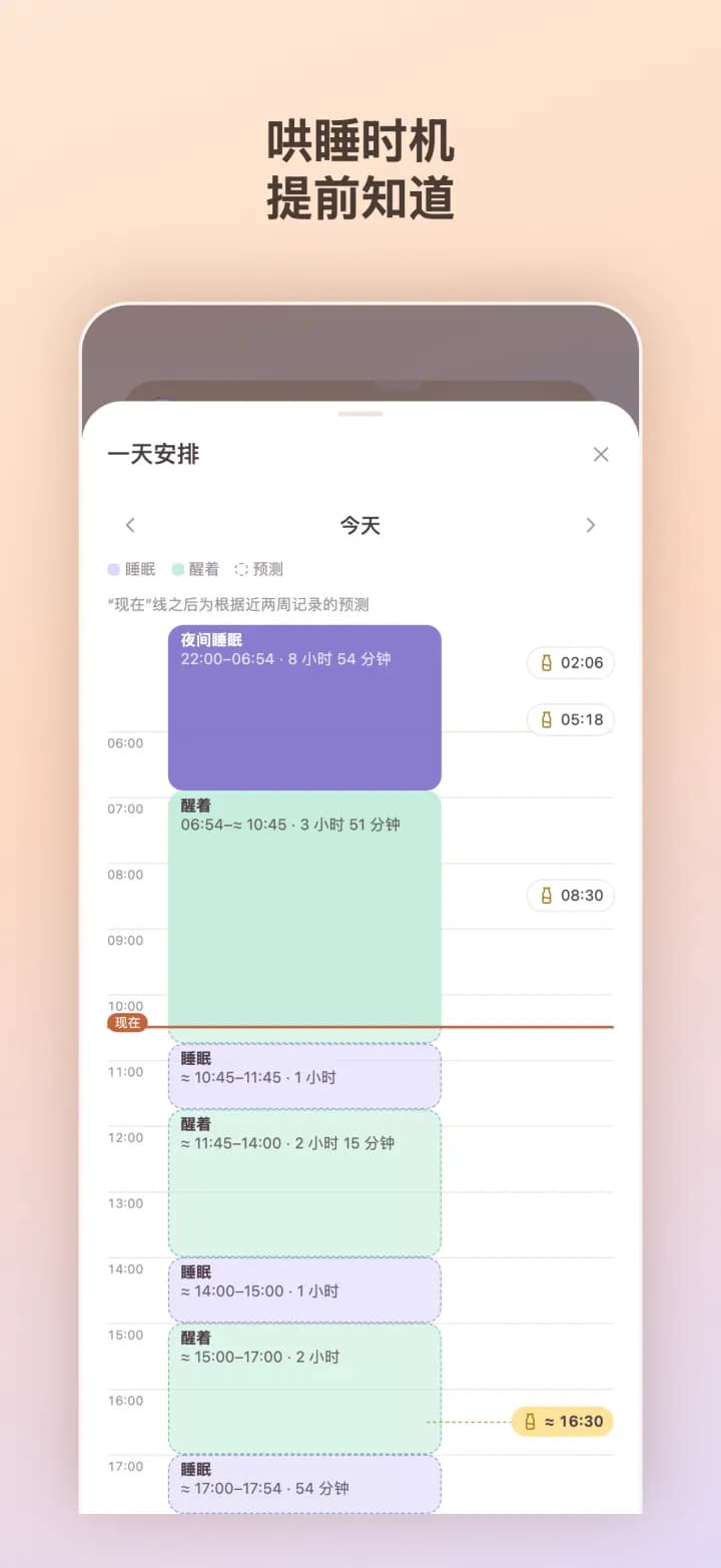 每日计划：按小时显示睡眠、清醒时段和预测